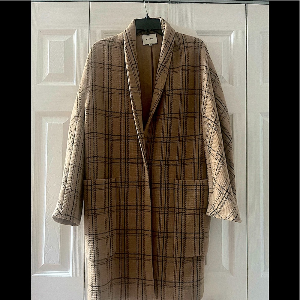 Vince Plaid Wool Collarless Long Coat